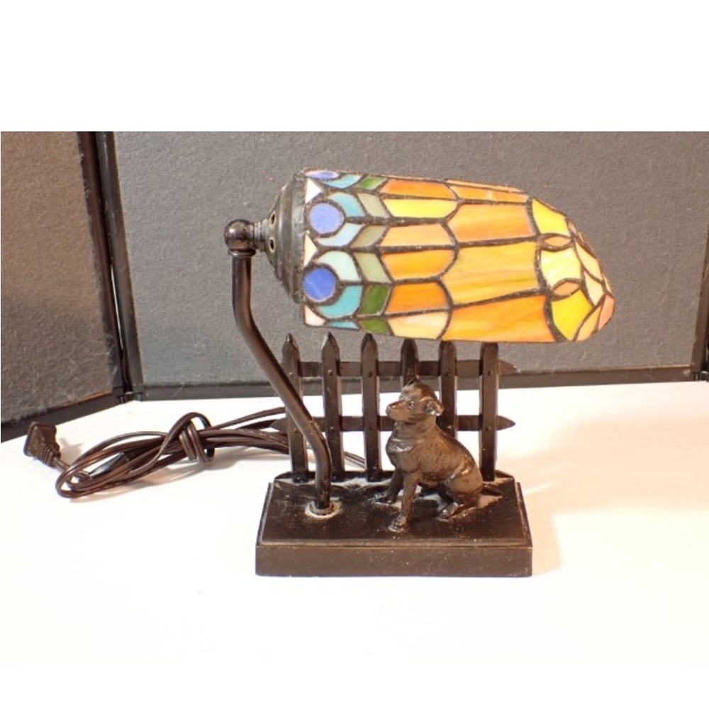 Tiffany-Style Stained Glass Dog Accent Lamp - Orange, Blue, Green